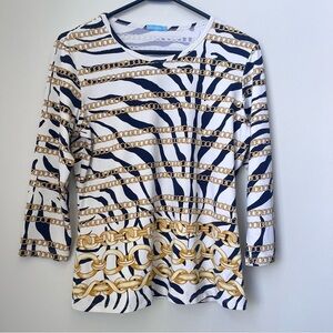 J. McLaughlin Catalina Cloth Top Navy White Zebra & Gold Chain Print Size Medium